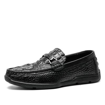 Brand Spring Summer Slip On Shoe Genuine Leather Loafers Business Casual Crocodile Pattern Metal Decorative Shoes Men