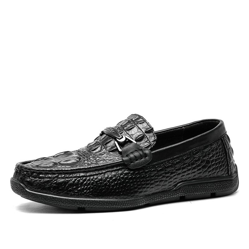 Brand Spring Summer Slip On Shoe Genuine Leather Loafers Business Casual Crocodile Pattern Metal Decorative Shoes Men